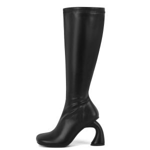 Square Toe Chunky Curved Heel Knee High Boots