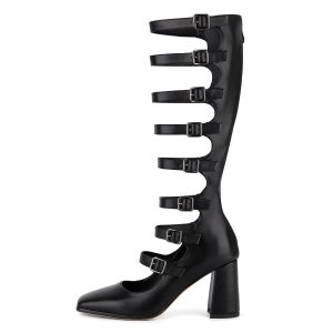 Square Toe Multi Buckle Strap Knee High Boots
