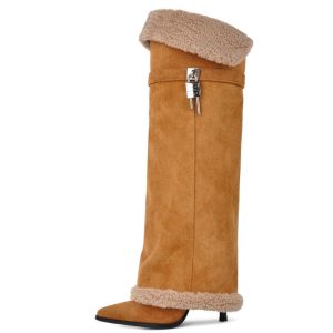Suede Pointed Toe Lambswool Fold Over Knee High Boots