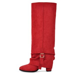 Suede Buckle Fold Over Knee High Boots