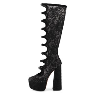Lace Mesh Multi Buckle Strap Knee High Boots
