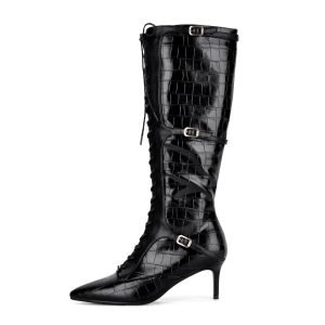 Pointed Toe Stone Buckle Lace-up Knee High Boots